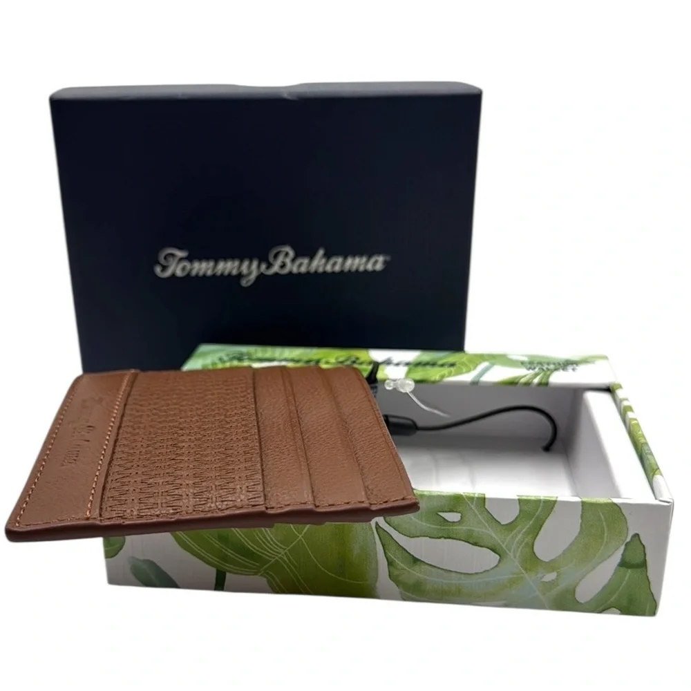 Tommy Bahama Tan Basket Weave Leather Card Case Slim Wallet Men's